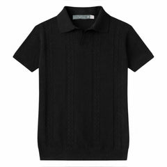 COTTON EAGLE MEN'S JOHNNY COLLAR CABLE KNIT POLO SHIRT (BLACK)